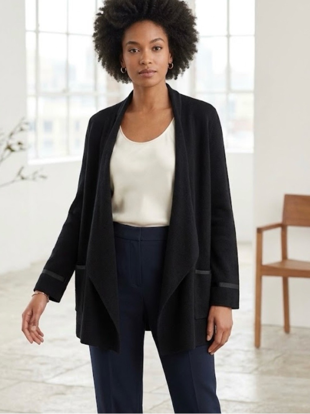 Merino wool Eileen Fisher Black Open-Front Draped Jacket 1179